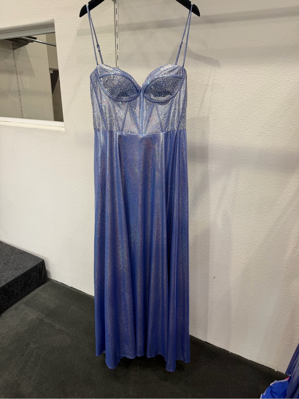 Shimmering Blue Spaghetti-Strap Evening Dress with slit